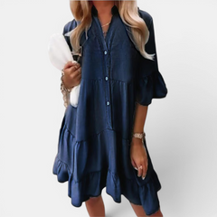 Navy blue washed denim A-line midi dress