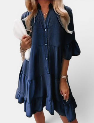 Navy blue washed denim A-line midi dress