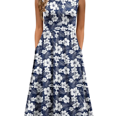 Sleeveless midi dress in navy and white floral print