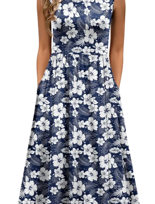 Sleeveless midi dress in navy and white floral print
