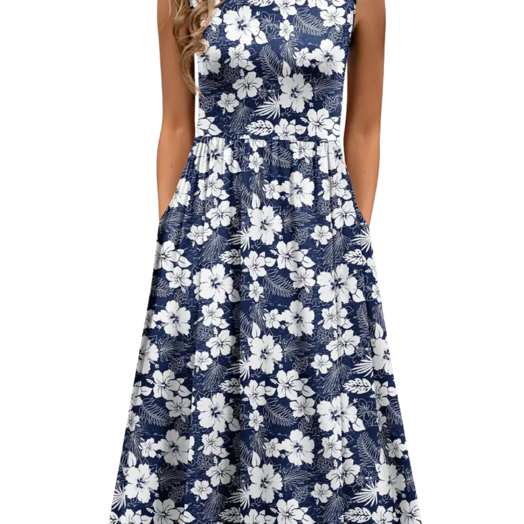 Sleeveless midi dress in navy and white floral print