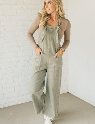 Wren knot strap overalls in light olive