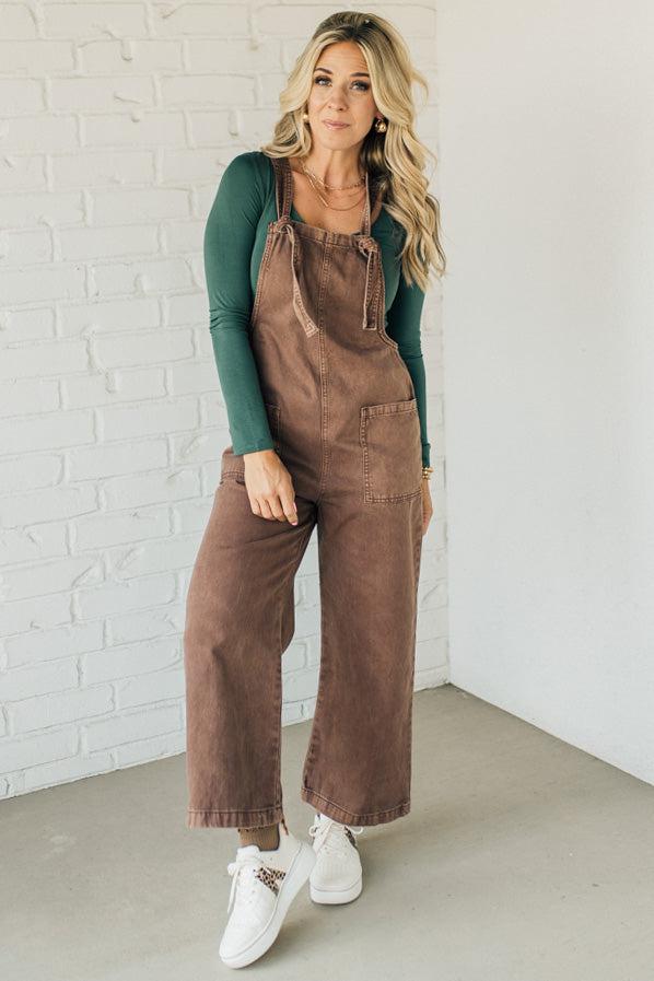 Wren knot strap overalls in mahogany