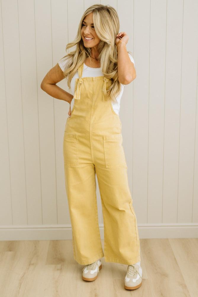 Wren knot strap overalls in mustard
