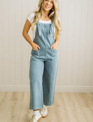 Wren knot strap overalls in blue grey