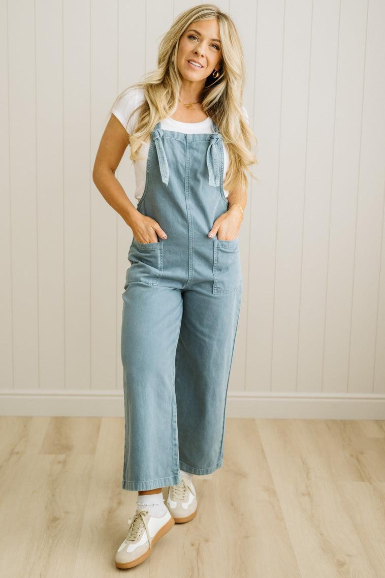Wren knot strap overalls in blue grey