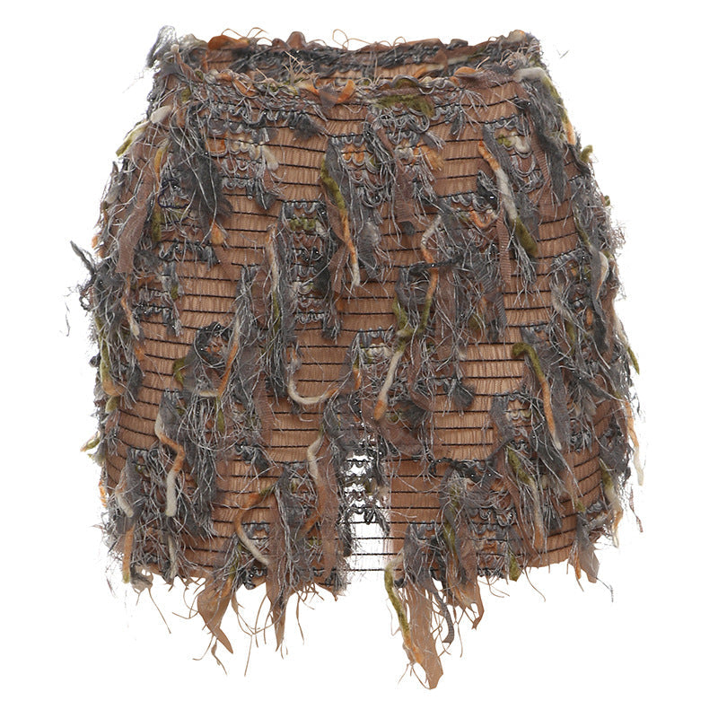Fringe mini skirt shown in a pastel shade