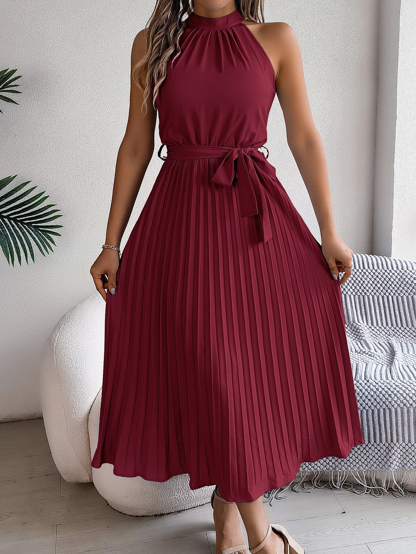 Pleated midi dress front view