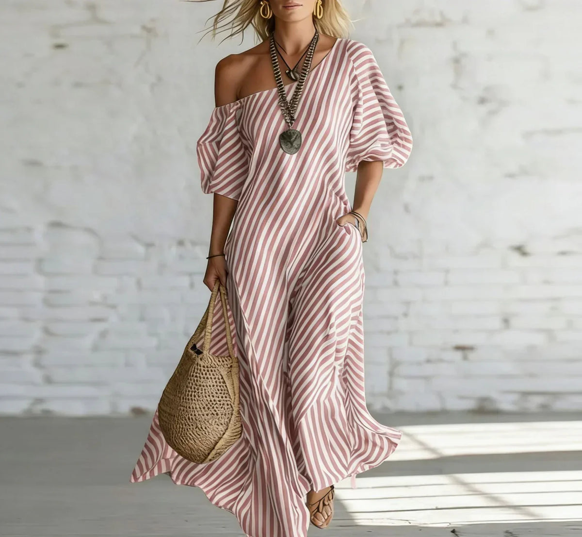 Alysha Maxi Dress One-Shoulder Striped Maxi Dress with Pockets