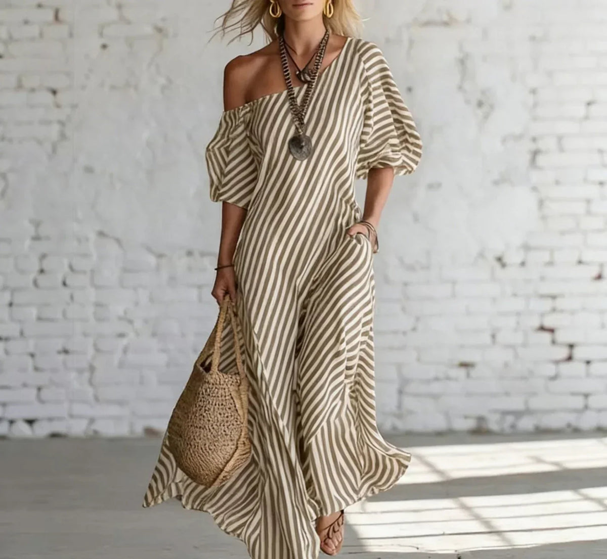 Alysha Maxi Dress One-Shoulder Striped Maxi Dress with Pockets