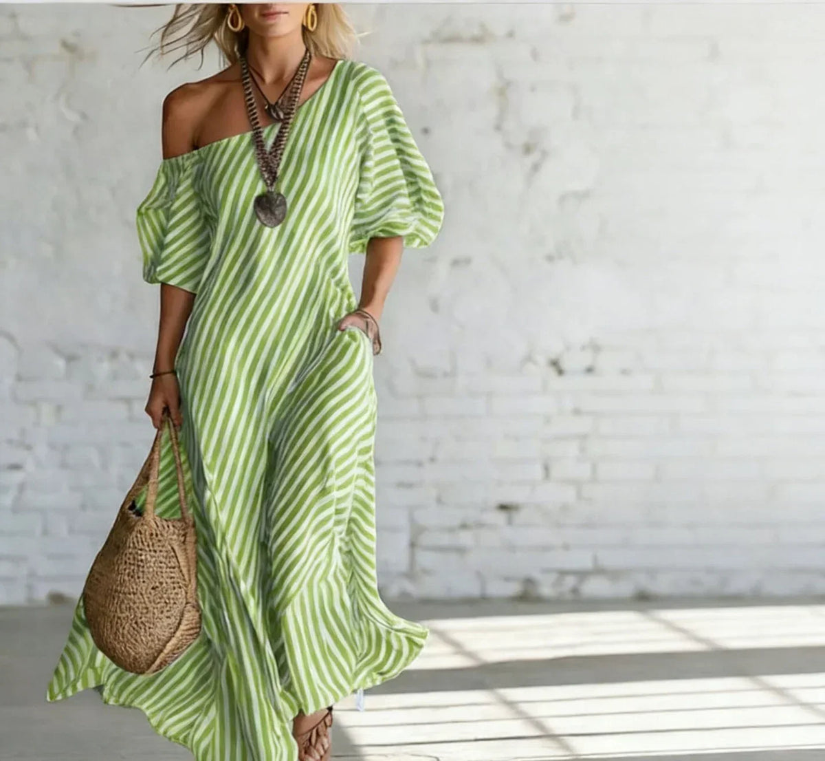 Alysha Maxi Dress One-Shoulder Striped Maxi Dress with Pockets
