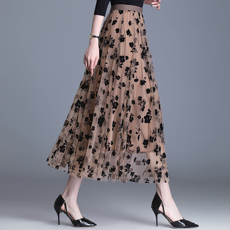 Floral embroidered tulle midi skirt front view