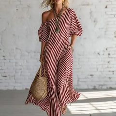 Alysha Maxi Dress One-Shoulder Striped Maxi Dress with Pockets
