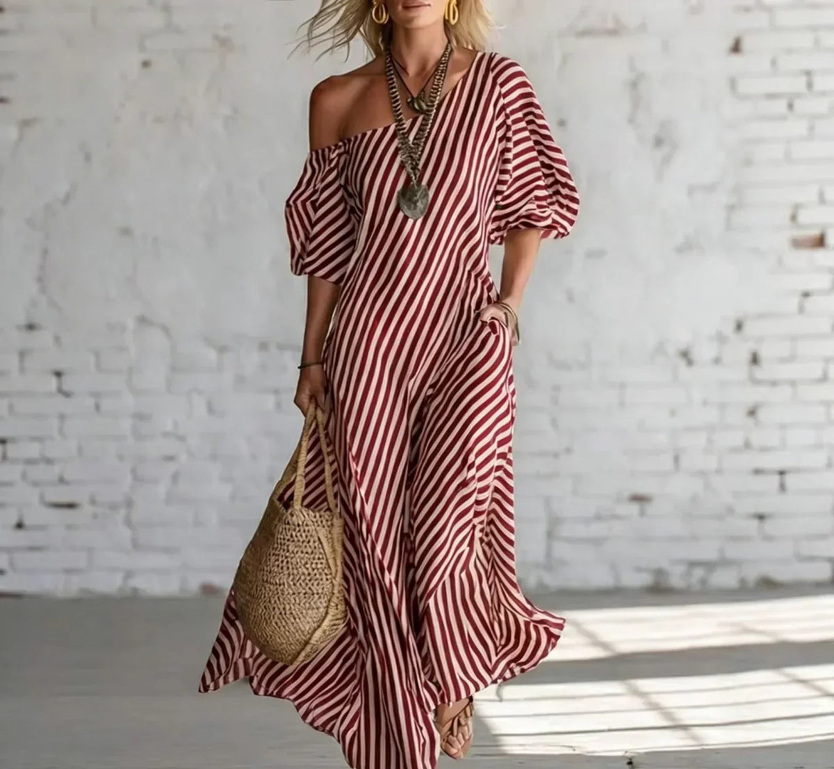 Alysha Maxi Dress One-Shoulder Striped Maxi Dress with Pockets