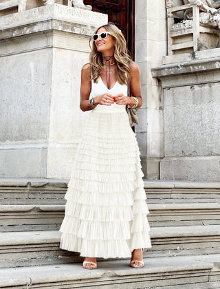 Tiered maxi skirt styled with a blouse