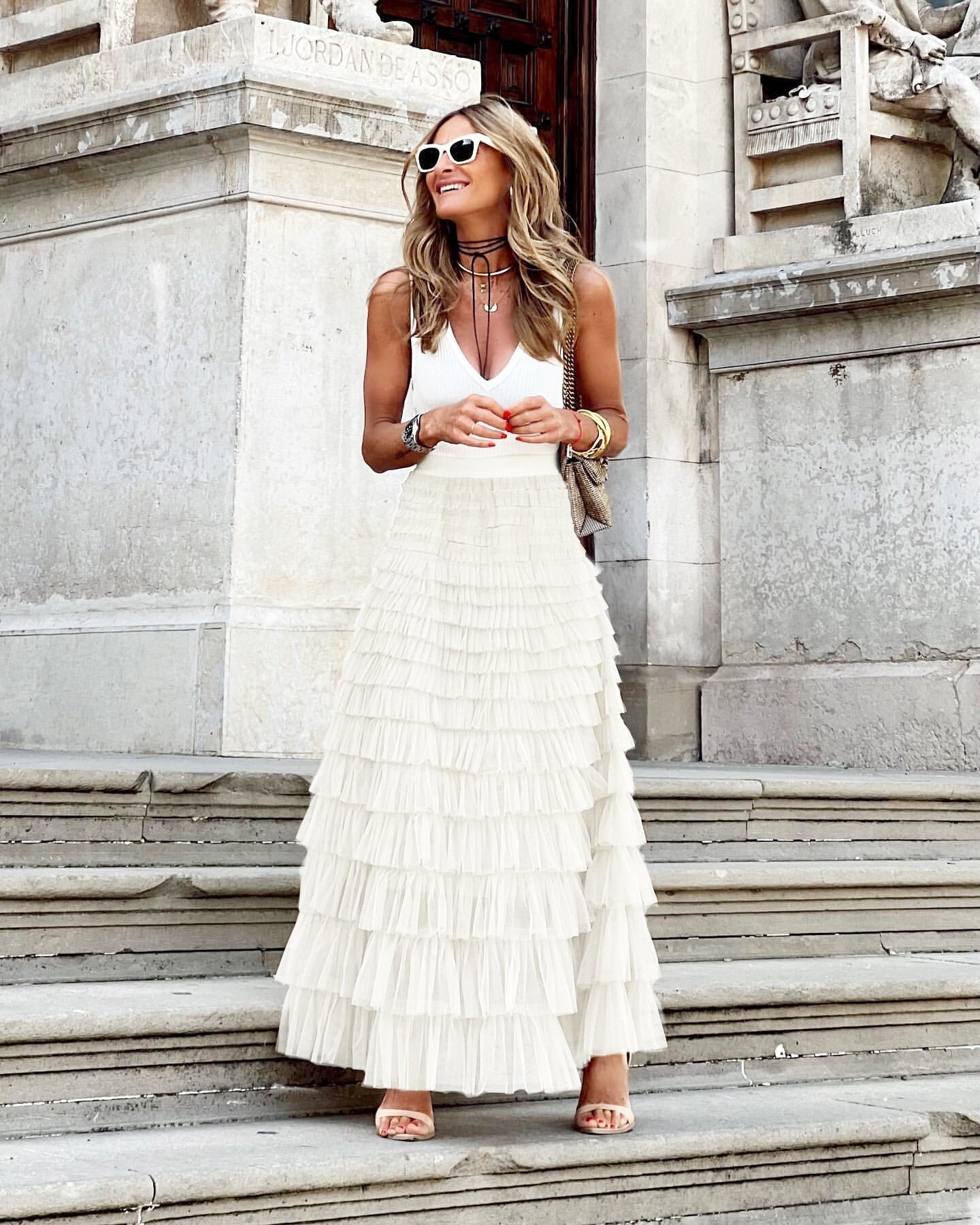 Tiered maxi skirt styled with a blouse