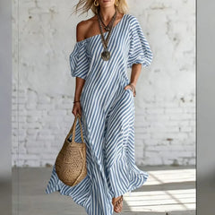 Alysha Maxi Dress One-Shoulder Striped Maxi Dress with Pockets