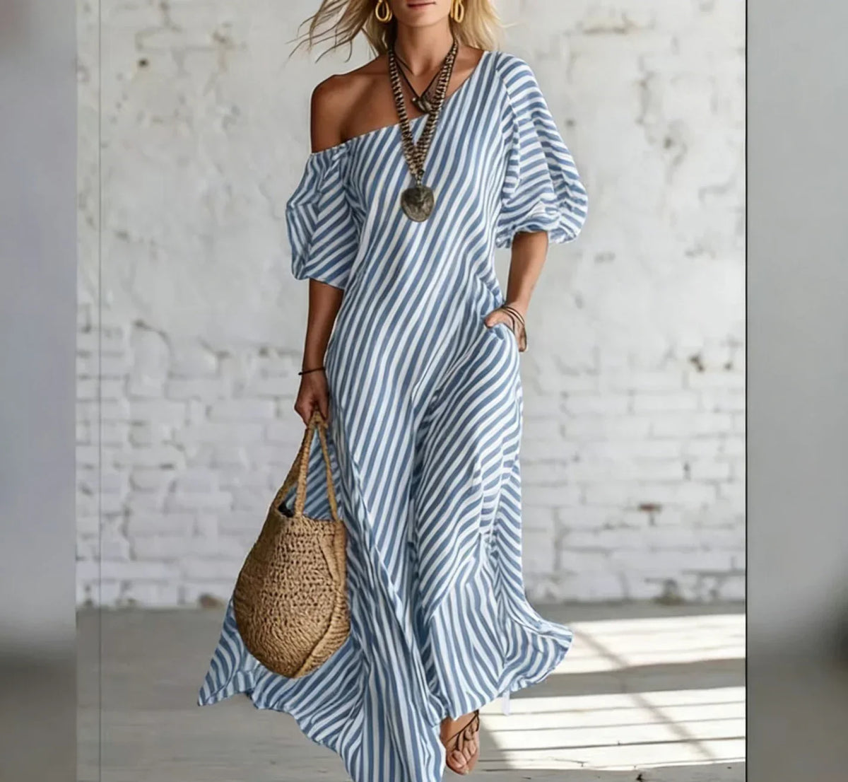 Alysha Maxi Dress One-Shoulder Striped Maxi Dress with Pockets