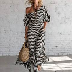 Alysha Maxi Dress One-Shoulder Striped Maxi Dress with Pockets