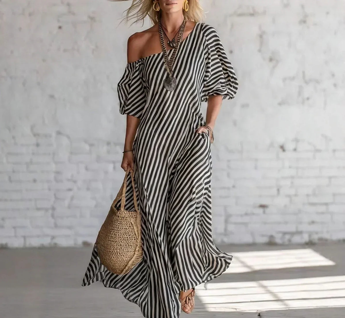 Alysha Maxi Dress One-Shoulder Striped Maxi Dress with Pockets