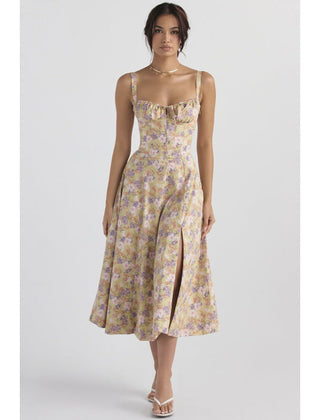 Lace up square neck midi dress front view