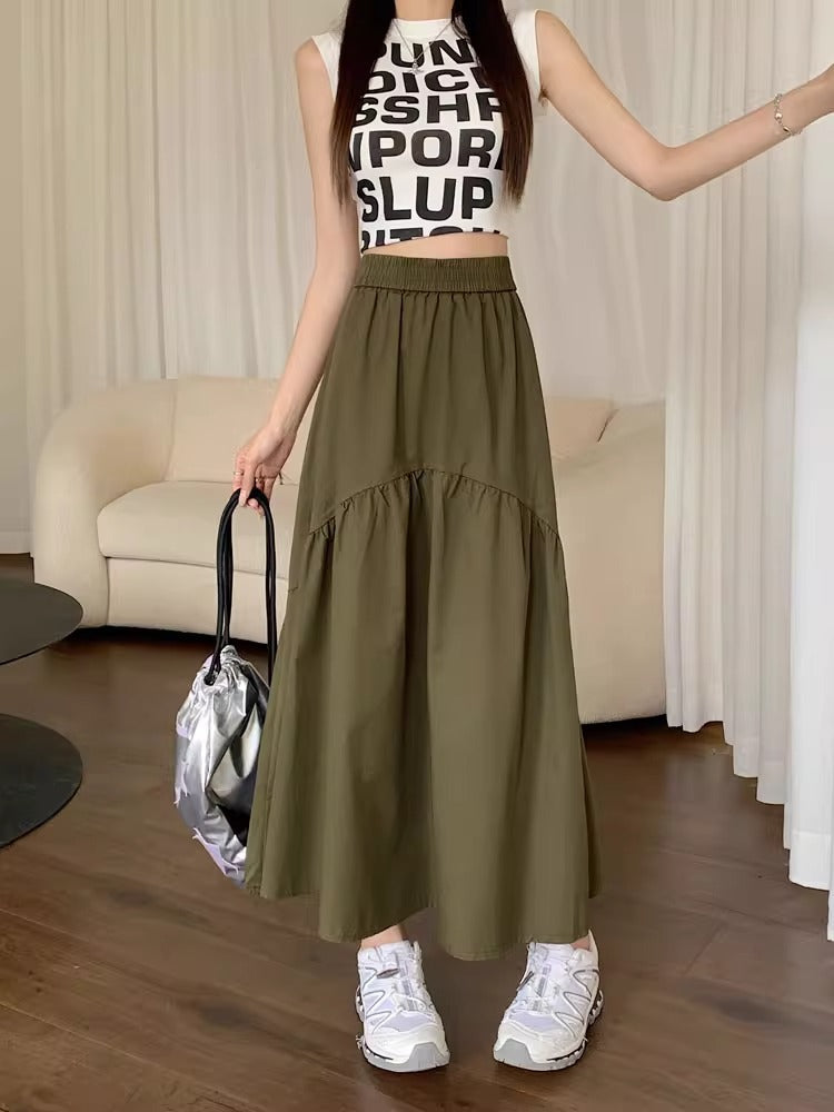 Marjolaine long skirt styled with a casual top