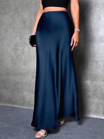 High waist satin skirt full length view