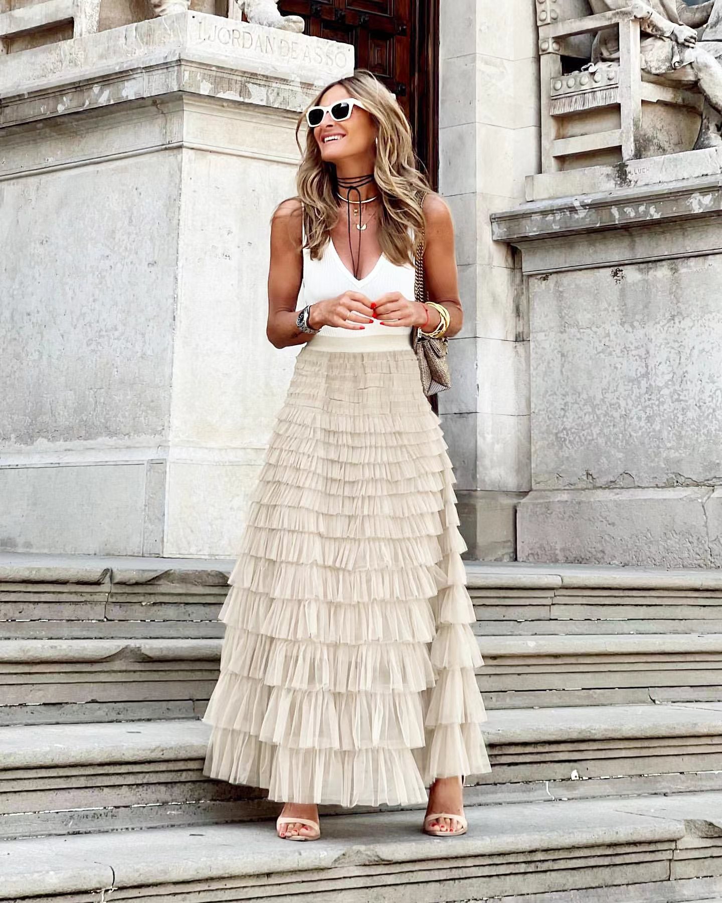 Full length view of the layered maxi skirt