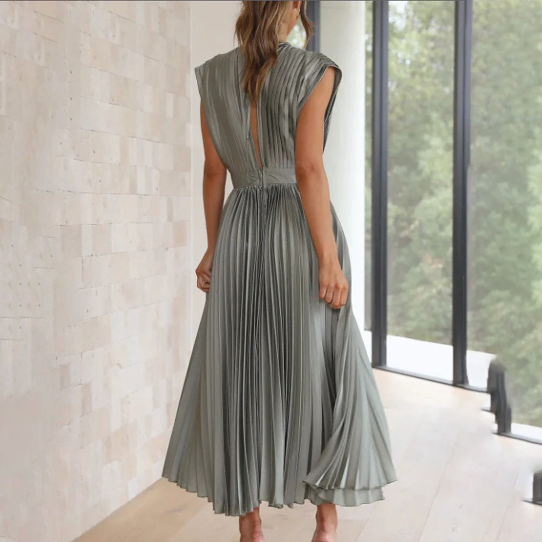Olive green pleated dress side view