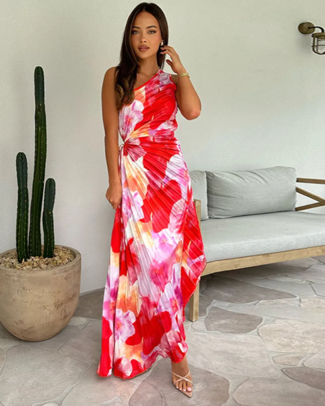 Celeste Vibrant Tropical Evening Dress with One-Shoulder Neckline