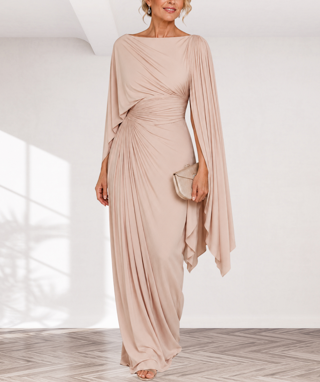 Meryl Maxi Dress | Formal Pleated Maxi Dress with Draped Sleeves