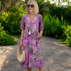 Printed V neck midi dress in violet