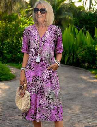 Printed V neck midi dress in violet