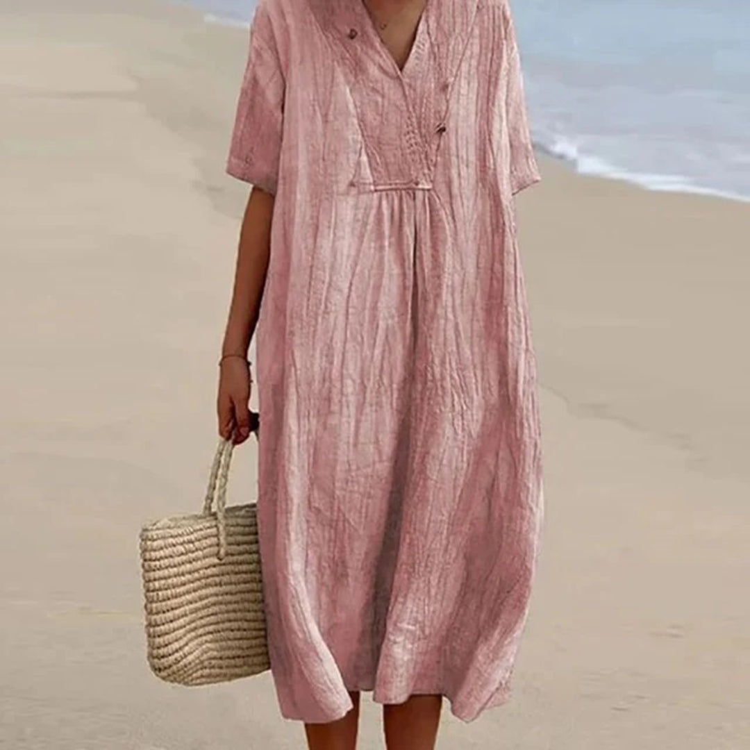 Relaxed V neck midi dress in pink