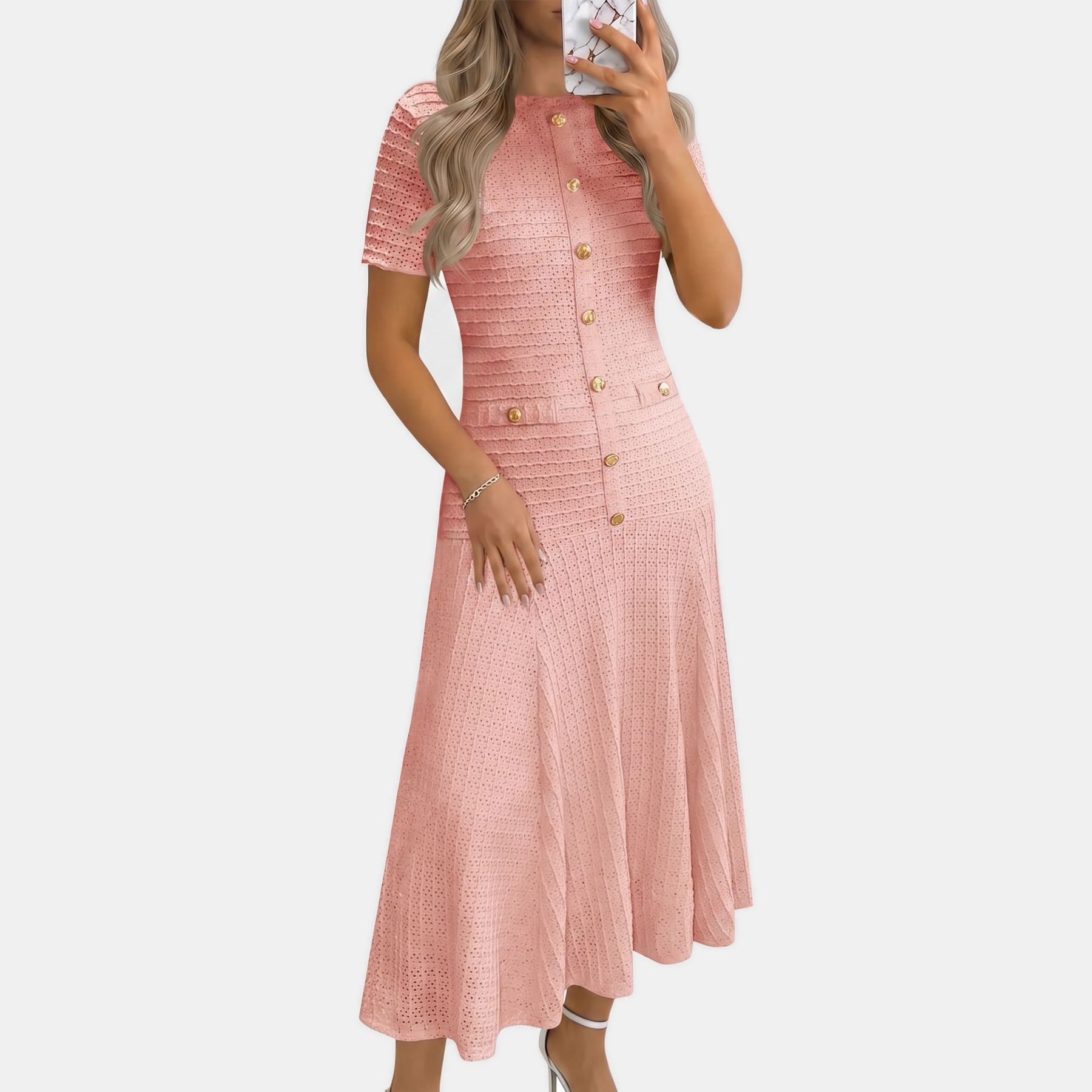 Button front midi dress in pink