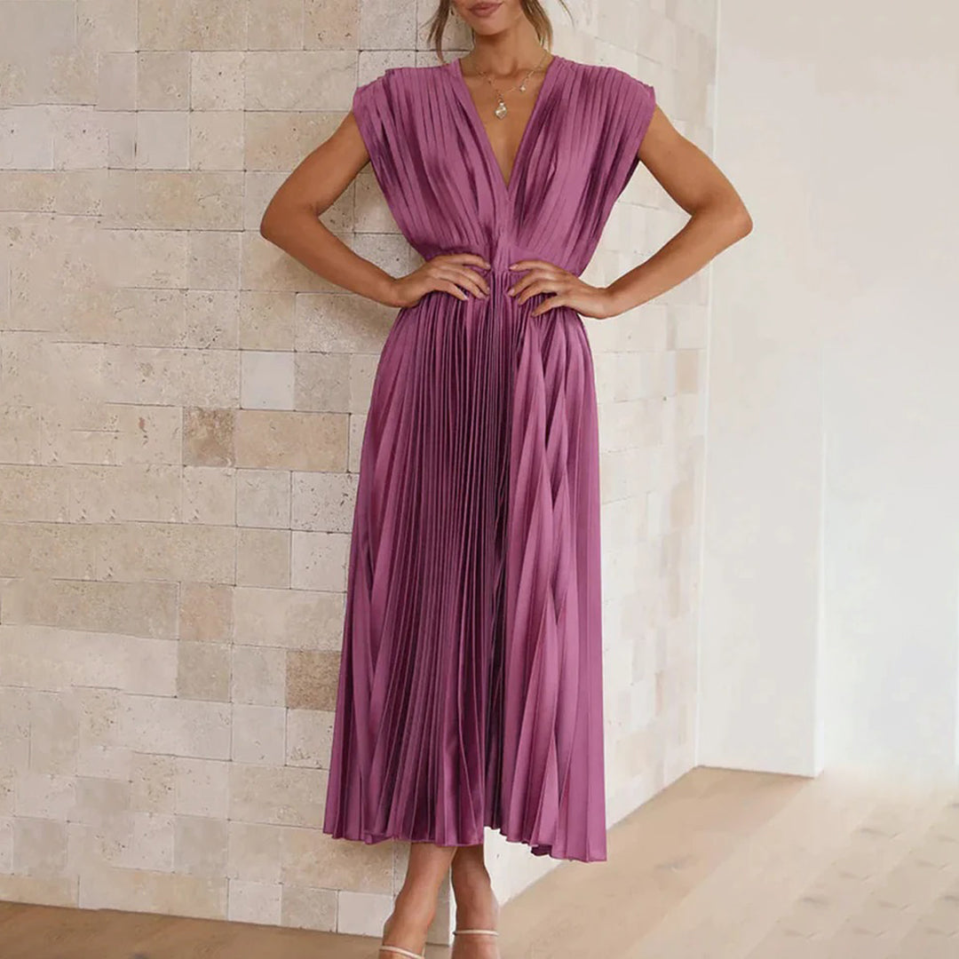 Purple pleated dress side view
