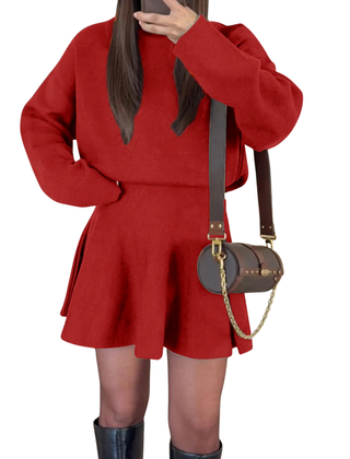 Red long sleeve dress with flared skirt