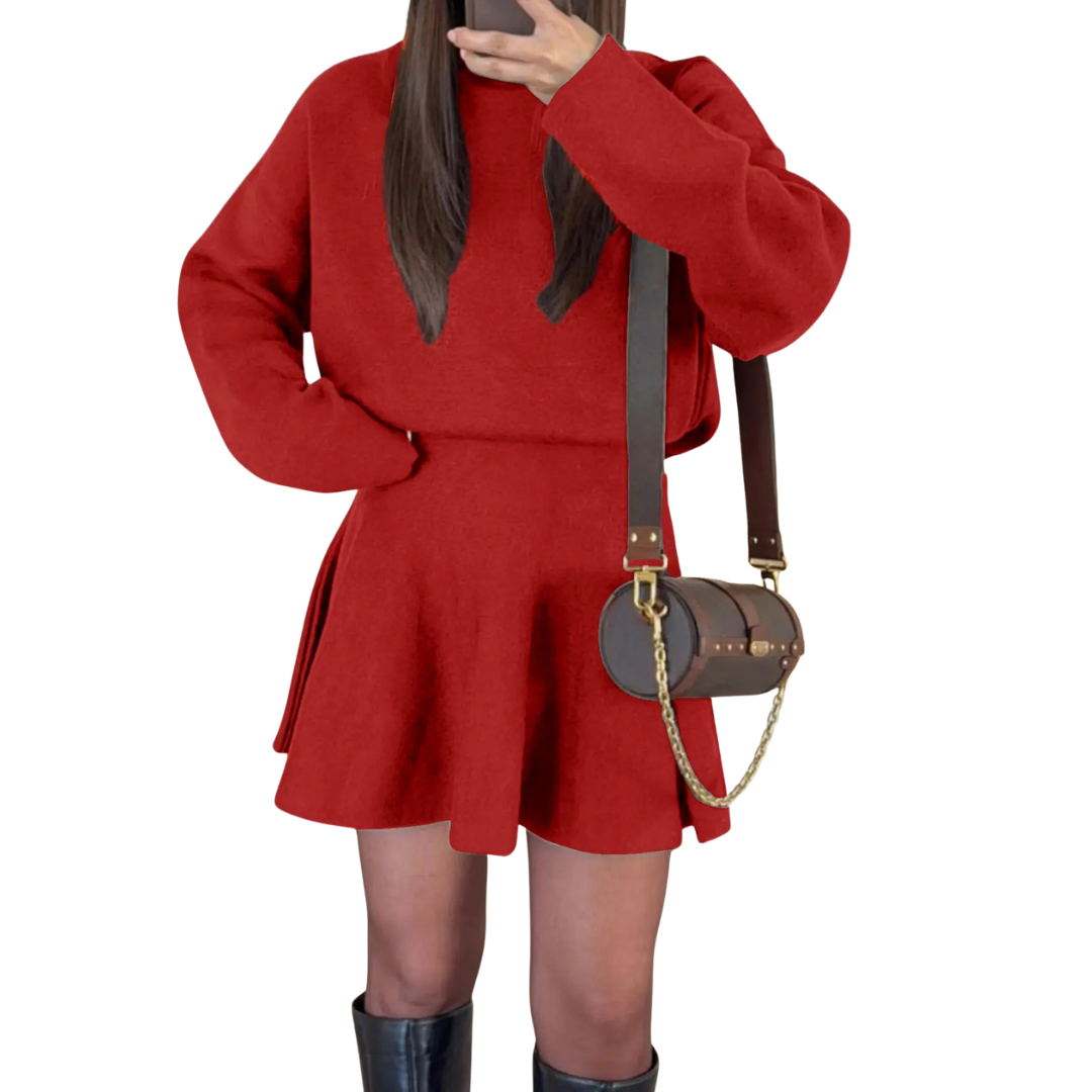 Red long sleeve dress with flared skirt