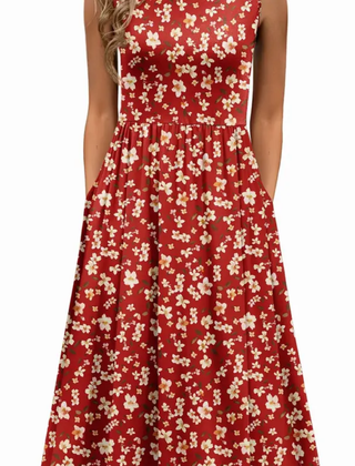 Sleeveless A line midi dress in red floral print