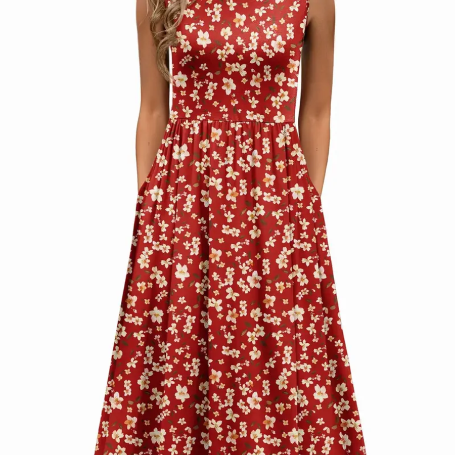 Sleeveless A line midi dress in red floral print