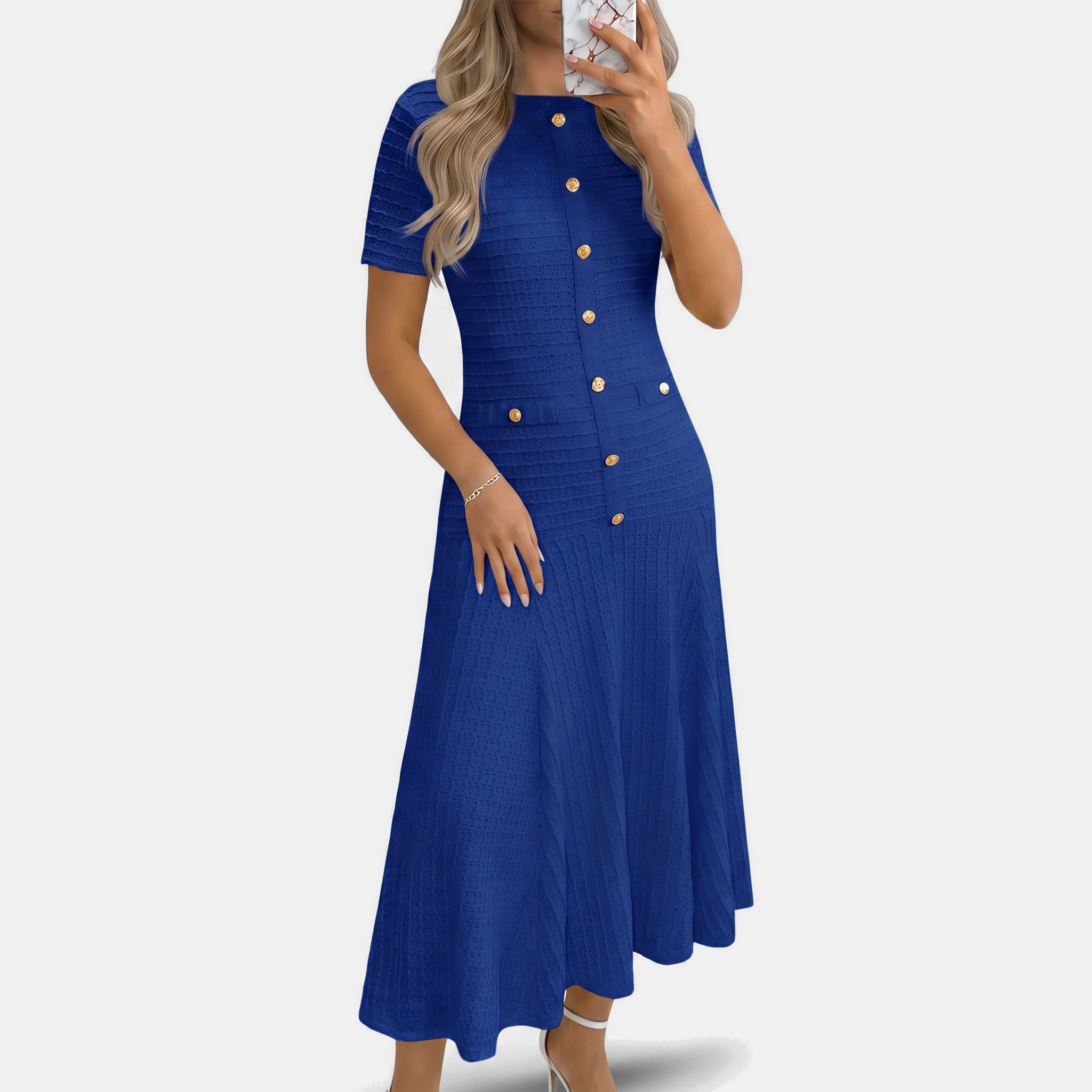 Button front midi dress in royal blue