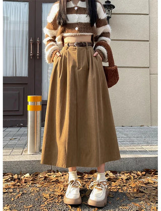 Full length view of the corduroy midi skirt