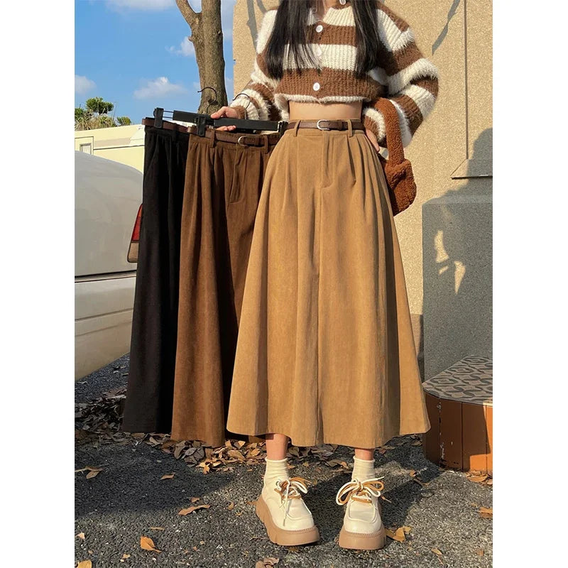 Belted corduroy midi skirt front view