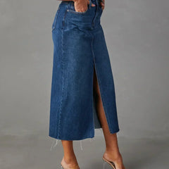 Denim midi skirt styled with a simple top