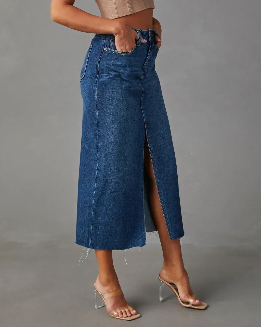Denim midi skirt styled with a simple top