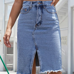 Back view of the denim midi skirt
