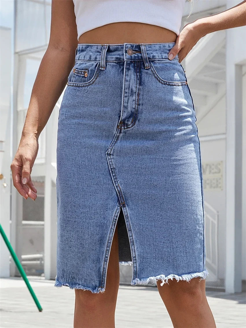 Back view of the denim midi skirt