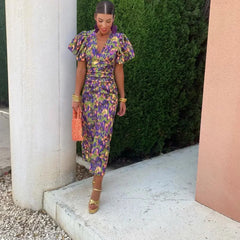 Loren Dress With Puff Sleeves, Printed V-Neck Midi Dress