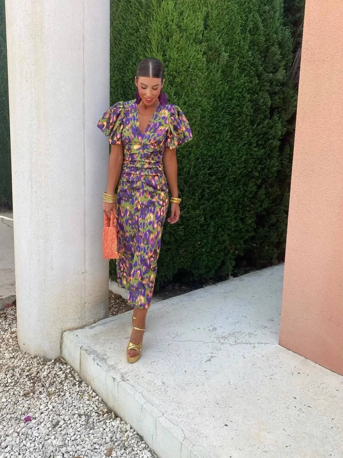 Loren Dress With Puff Sleeves, Printed V-Neck Midi Dress