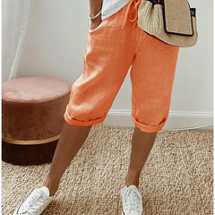 Aleah linen cotton trousers worn with sandals